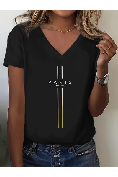 mercoledi تي شيرت نسائي باريس مطبوع بأكمام على شكل حرف V وقصة عادية
