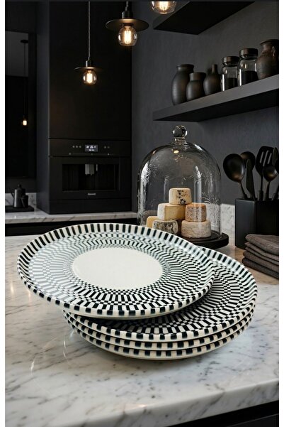 evinbizden Modern Porselen İnci 4'lü Pasta Tabağı Seti 19 cm Siyah Beyaz