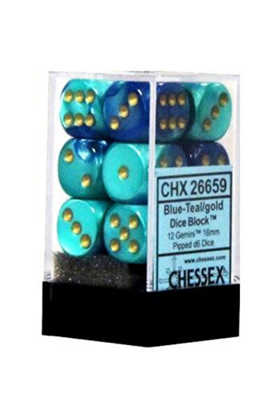 Chessex Zaruri Gemini 16mm d6 cu puncte (12 zaruri) - Albastru-Teal cu auriu