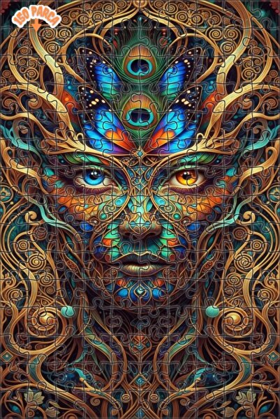 Esranın Dünyası Psychic Face Patterned Oil Painting Look Gold Framed Wooden P...