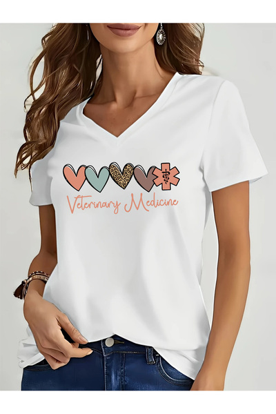 mercoledi Women's Heart Printed V-Neck Sleeved Regular Fit T-Shirt