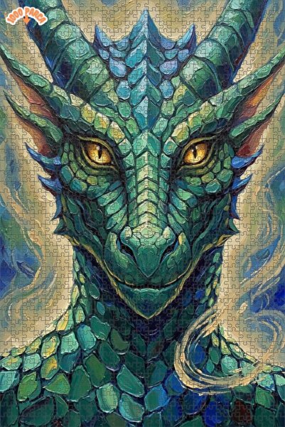 Esranın Dünyası Green Dragon Oil Painting Lookalike Double-Layer Framed Woode...