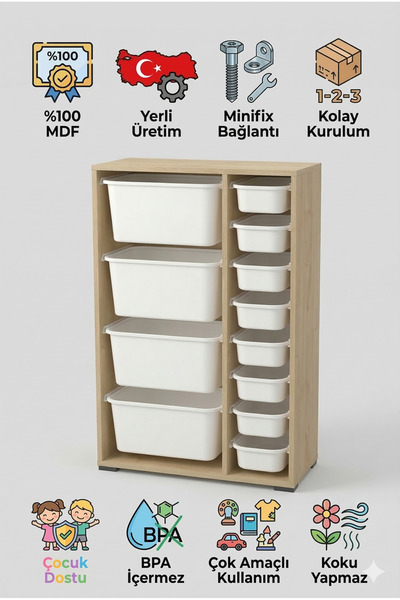 yabilmo %100 MDF Gövde Kolay Minifix Bağlantı 12 Çekmece Çok Amaçlı Oyuncak D...