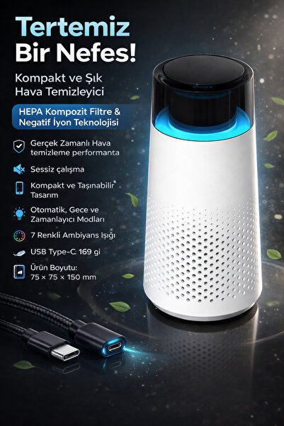 Ervinay Araç ve Masaüstü Hava Temizleyici HEPA Filtre Negatif İyon 7 Renk Amb...