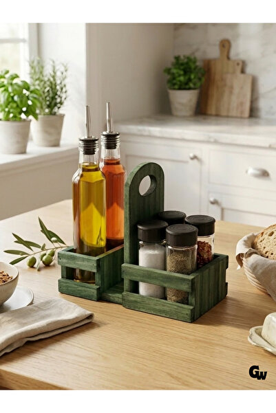 GOLDENWOODEN Wooden Natural Spice Rack, Oil Dispenser and Napkin Holder Set (...