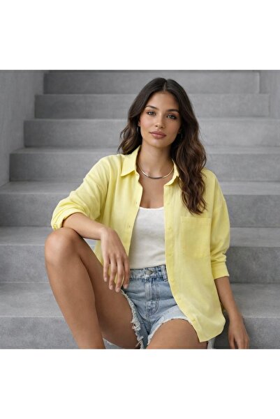blackbonds Kadın Oversize Sarı Pamuklu Keten Gömlek – Yaz Koleksiyonu Tek Cep...