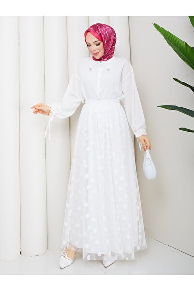 asyadabutik Women's Lace Fabric Polka Dot Detailed Lined Plus Size Skirt