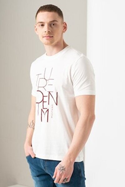 Mustang Tricou cu imprimeu text Alex, Alb prăfuit/Violet prună, L