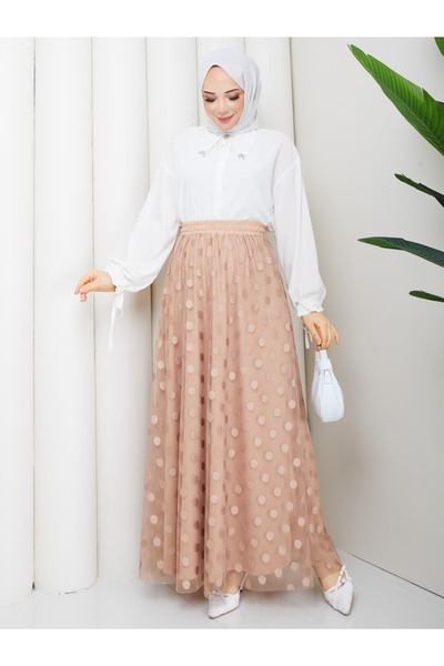 asyadabutik Women's Lace Fabric Polka Dot Detailed Lined Plus Size Skirt