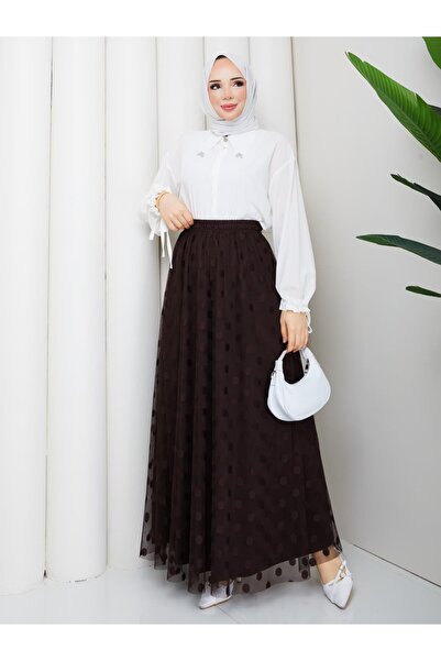 asyadabutik Women's Lace Fabric Polka Dot Detailed Lined Plus Size Skirt