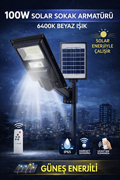 Noas 100W Solar Lamba Sokak Armatürü 6400K Beyaz Işık Güneş Enerjili Projektör