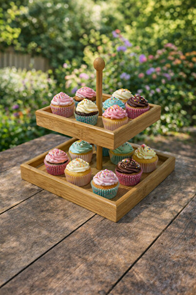 Dolduran Dekor Ahşap bambu iki katlı sunumluk Birinci kat 25 × 25 cm ikinci k...