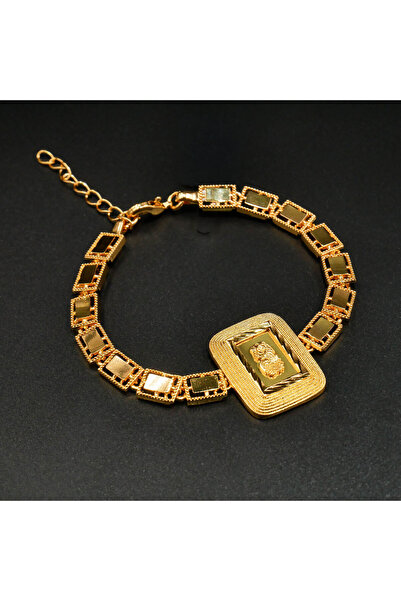Generic Gold-Tone Rectangular Link Bracelet with Embossed Medallion & Beaded ...