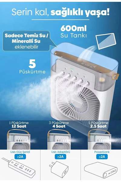 Genel Markalar BUĞZ TAŞINABİLİR IŞIKLI 5 SPREYLİ VANTİLATÖR BUZLU BUHARLI VAN...