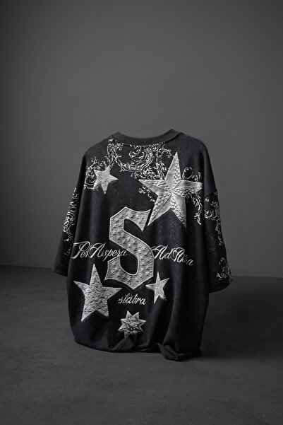 Slatra Men's Black Superstar Printed Oversized Washed Effect Tshirt