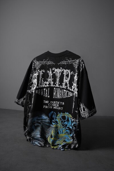 Slatra Erkek Siyah Brutal Romaticism Baskılı Oversize Tshirt