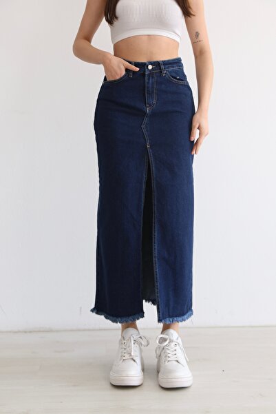 BLUE NATIONAL JEANS Women's High Waist Front Slit Tasseled Leg Long Denim Ski...