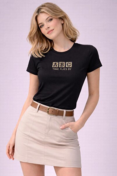 SİSTERS2HC Women's Stone Embroidered Abc Basic Round Neck Vi Viscose İyah T-S...