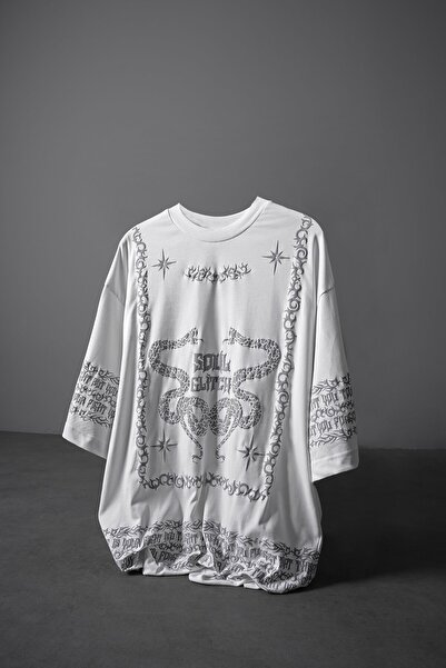 Slatra Tricou alb pentru bărbați Soul Glitch Embossed cu imprimeu supradimens...