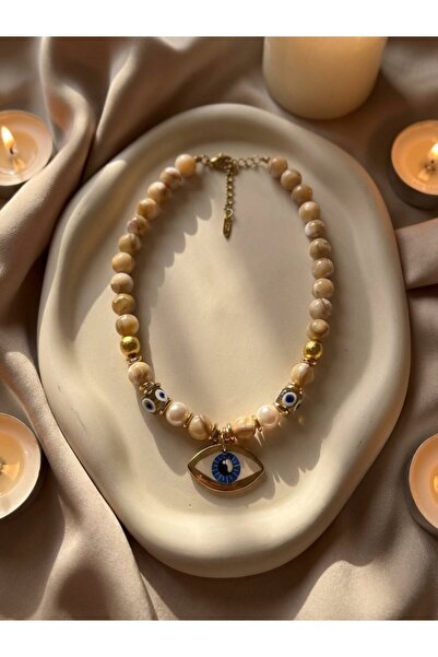 SR Jewelry Box Nazar Göz Detaylı Taşı Boncuk Kolye – Bej Mermer Desenli Taşı ...