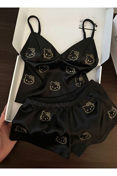 BALİNA Siyah Premium Saten Kumaş Kitty Taş Baskılı Alt-Üst Takım - The Solo
