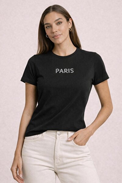 SİSTERS2HC Women's Stone Embroidered Paris Basic Round Neck Vi Viscose İyah T...
