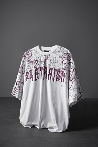 Slatra تيشيرت رجالي أبيض من Slatraism Embossed مطبوع مقاس كبير