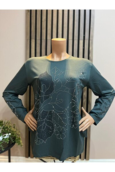 AKMAVİ Women's Middle Age and Above Baguette Stone Mother Combed Cotton Blouse