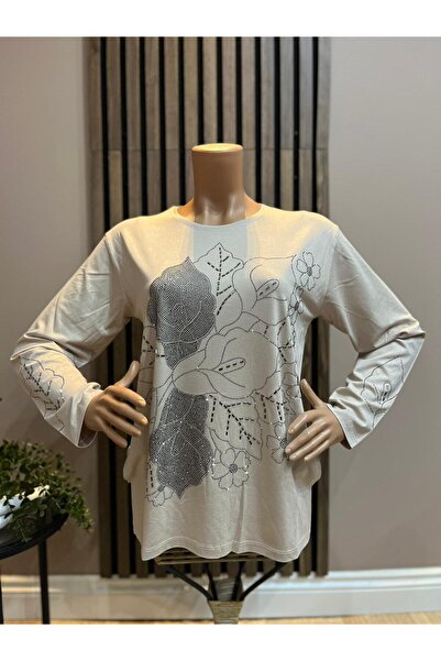 AKMAVİ Women's Middle Age and Above Baguette Stone Mother Combed Cotton Blouse