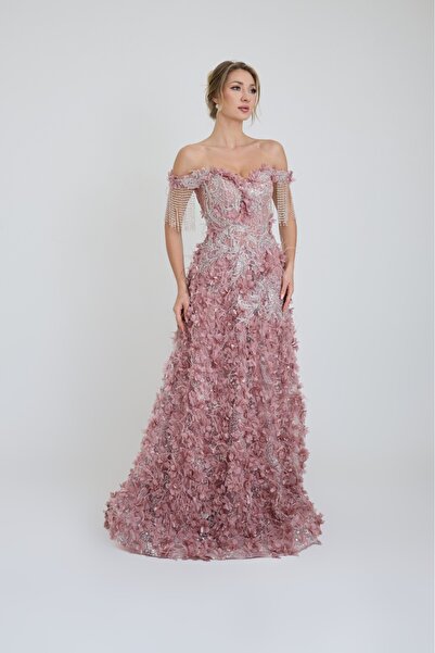 ROJBEY KADIN ABİYE KALP YAKA İŞLEME VE ÇİÇEK DETAYLI IŞILTILI UZUN ŞIK ELBİSE