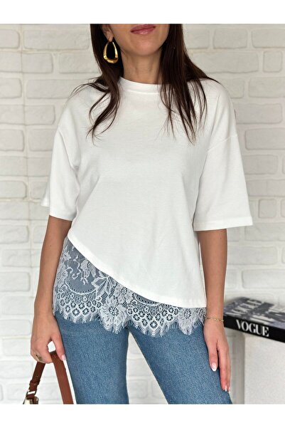 manana fashion Lace Detailed Asymmetrical Cut T-Shirt