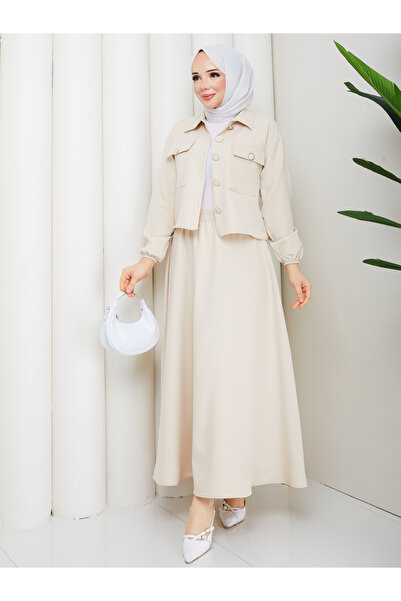 MİHRİZAR Hürrem Double Fabric Button Detailed Stylish Hijab Skirt Jacket Doub...