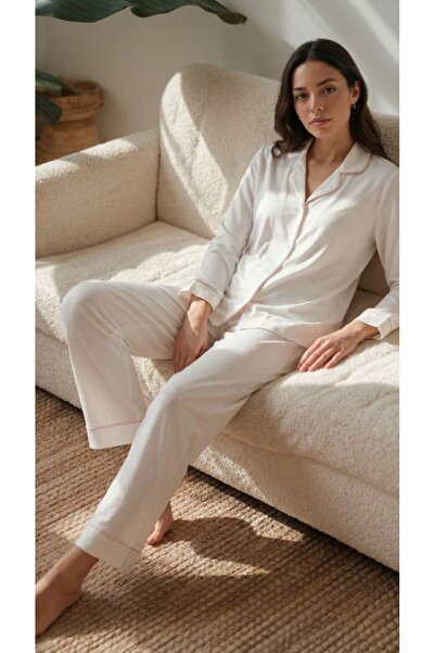Espuar Set de pijamale lungi pentru femei, bumbac piese, cu guler de cămașă n...