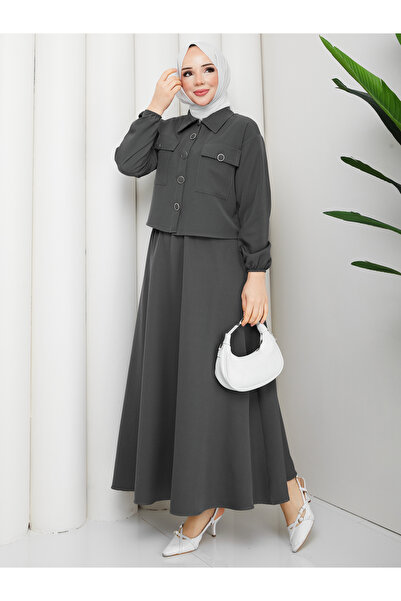MİHRİZAR Hürrem Double Fabric Button Detailed Stylish Hijab Skirt Jacket Doub...