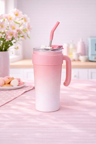 hediyeconcepti Stainless Steel Thermos Cup with Straw and Handle Portable Col...