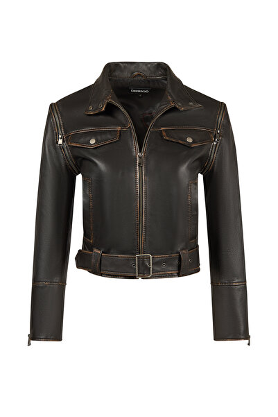 Derimod Nina Women's Black Vintage Leather Jacket 26Sgd5653Vd