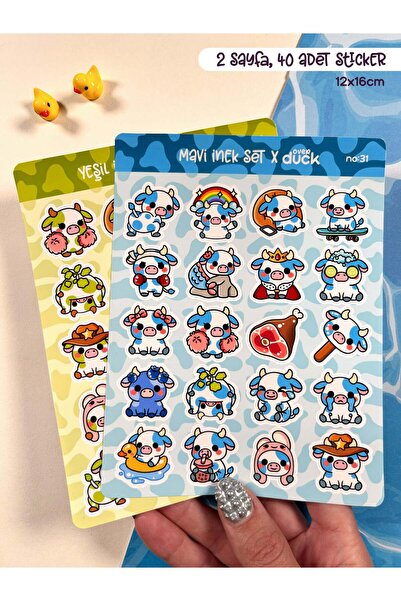 OverDuck 2’li İnek Sticker Seti – 40 Adet Mavi ve Yeşil İnek Sticker Bullet J...