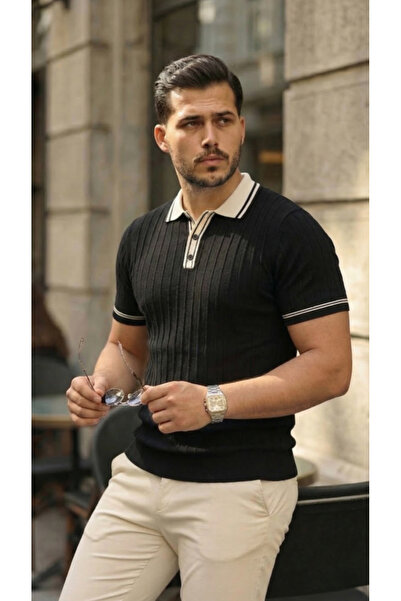 RuniqueHome Ανδρικό πλεκτό μπλουζάκι με γιακά με κουμπιά και αντίθεση στον γιακά