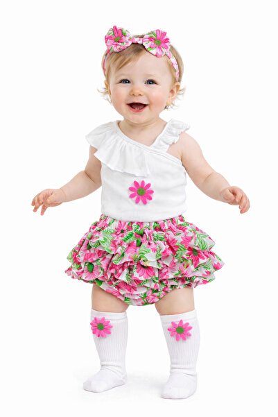 ues Kız Bebek Pembe Ayçiçek Desenli Fırfırlı Şort Beyaz Tek Kol Ve Çorap Set