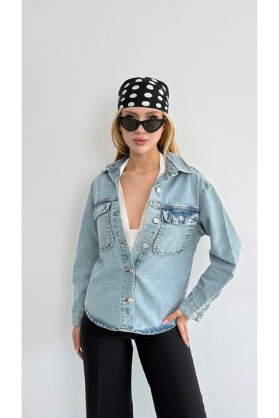 BLUE NATIONAL JEANS Women's Washable Double Pocketed Oversized Denim Denim Shirt Bnj-623