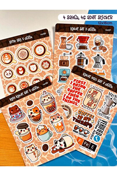 OverDuck 4’lü Kahve Sticker Seti – 46 Adet Coffee & Kawaii Cat Sticker Bullet...