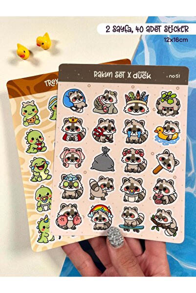 OverDuck 2’li Hayvan Sticker Seti – 40 Adet Rakun ve T-Rex Dinozor Sticker Bu...