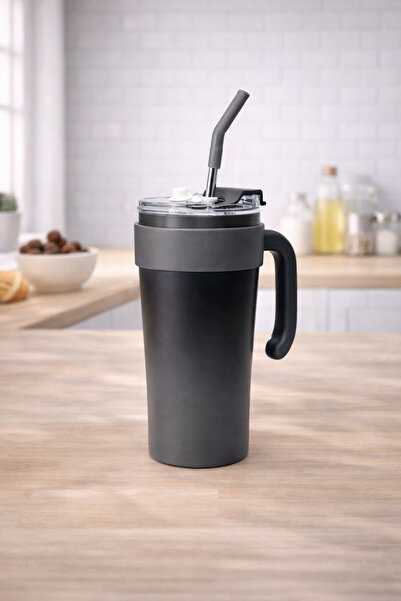 hediyeconcepti كوب ترمس من الفولاذ المقاوم للصدأ مع غطاء وقشة، كوب محمول للمش...