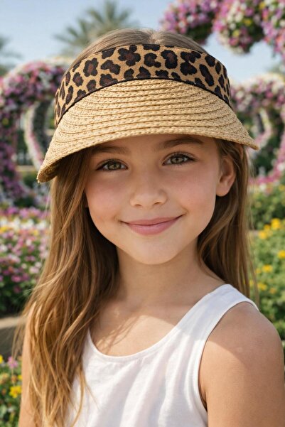 FELLMENS Pălărie pentru fete cu vizor din paie, cu detalii camel și leopard, ...