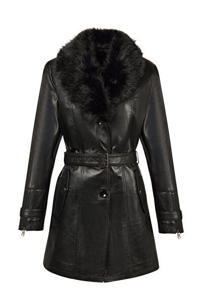 Derimod Rhoda(Plus) Women's Black Collar Fur-Trimmed Wide Fit Leather Coat 24...