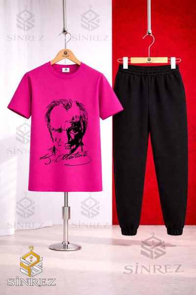 SİNREZ Set de trening pentru copii, cu tricou negru imprimat și semnătură ATA...