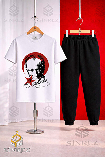 SİNREZ طقم بدلة رياضية للأطفال ATATURK RED MOON STAR BLACK مطبوع تي شيرت