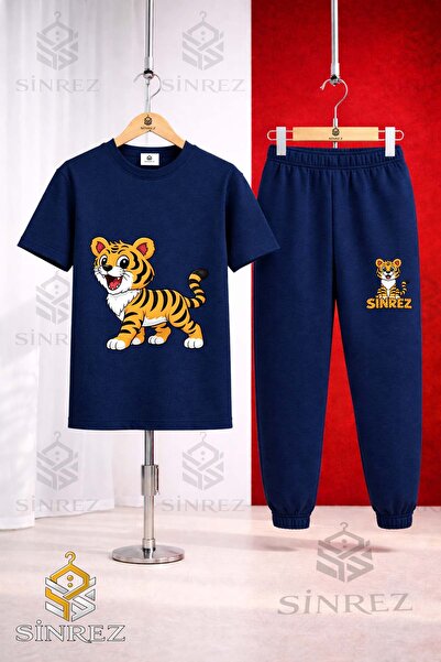 SİNREZ Children's Tiger Standing Printed T-Shirt Tracksuit Set