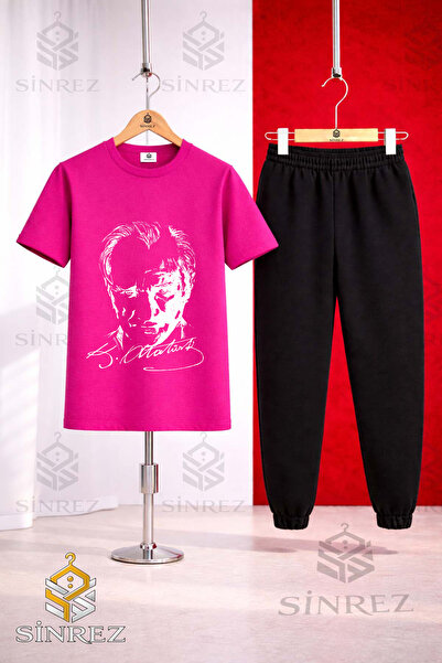 SİNREZ Set de trening pentru copii, cu tricou imprimat ALB, semnat ATATURK