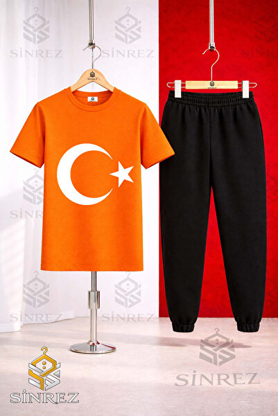 SİNREZ Children's Moon Star White Printed T-Shirt Sweatpants Set